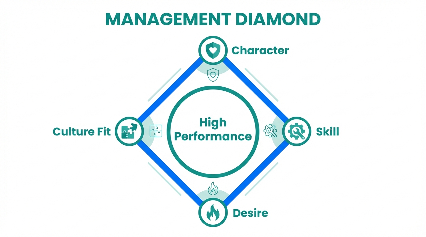 The four pillars of the Hormozi Management Diamond framework.