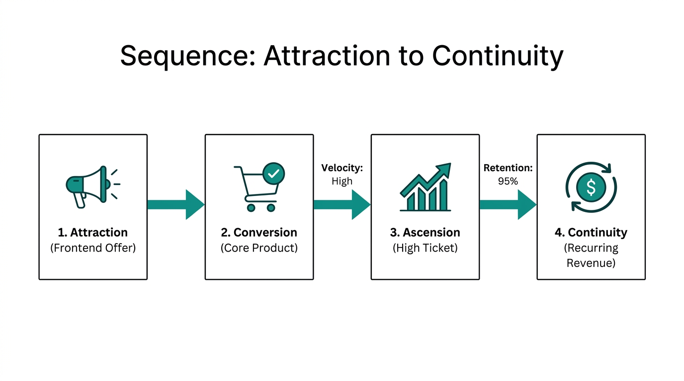 The four-stage sequence from initial lead attraction to recurring revenue.