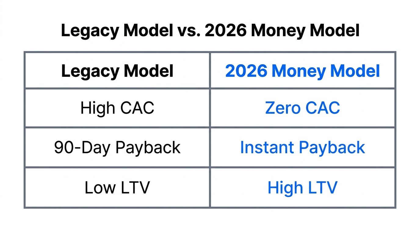Key differences between traditional customer acquisition and the money model.