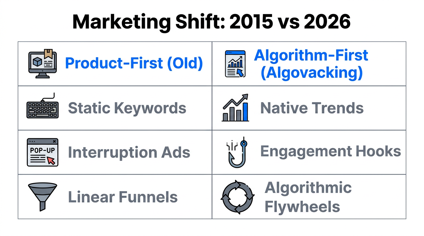Comparison of traditional product-first marketing versus modern algovacking strategies.