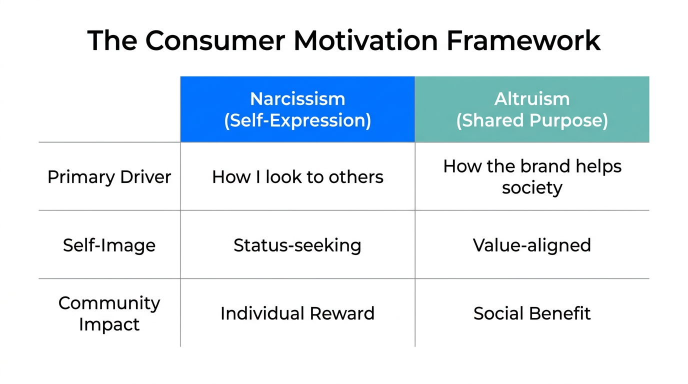 Comparison of consumer motivations between narcissism and altruism in brand scaling.
