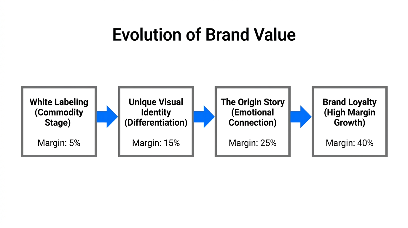 The transition process from generic white labeling to origin-story branding.