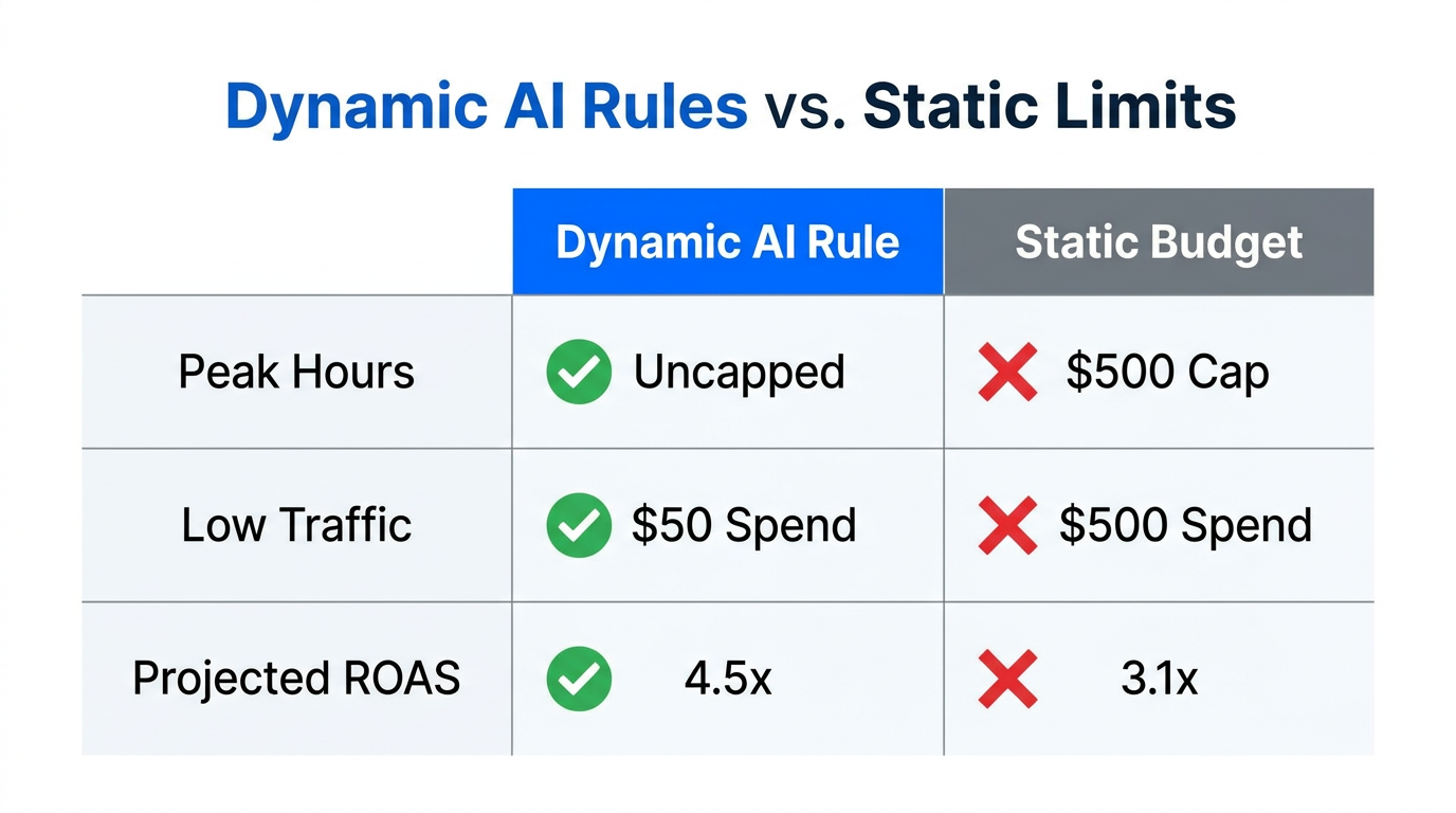 Efficiency comparison between dynamic AI budget rules and static limits.