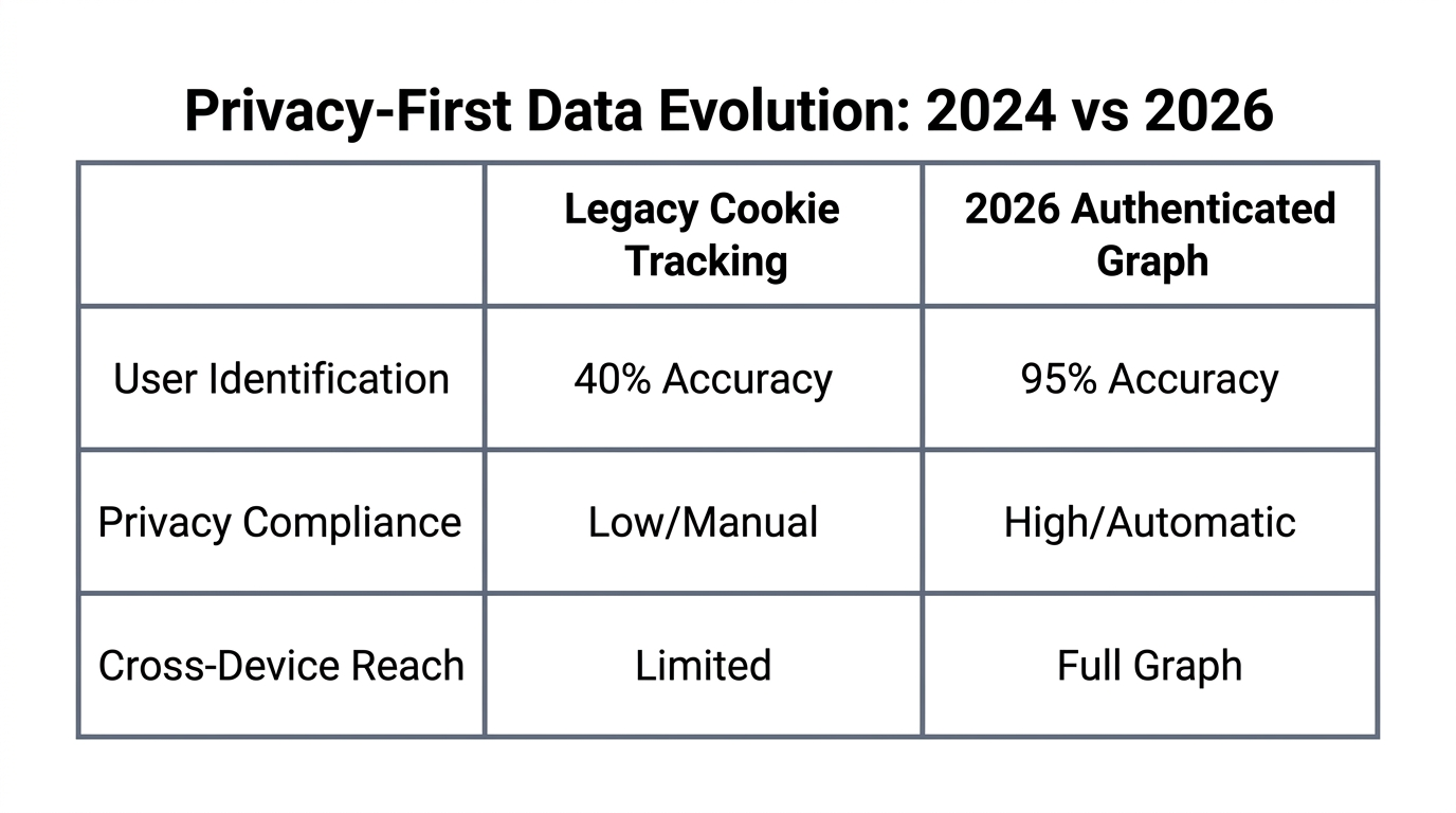 Comparison of traditional cookie tracking versus the 2026 authenticated graph.