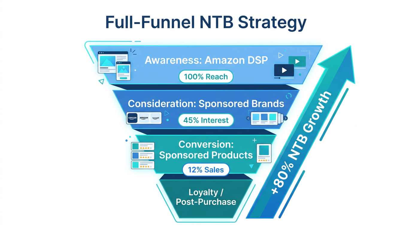 Full-funnel strategy showing how DSP and Sponsored Brands drive NTB growth.