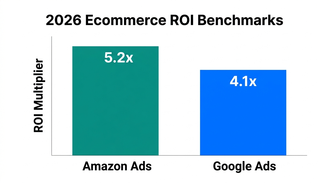Comparison of 2026 ROI benchmarks between Amazon and Google Ads.
