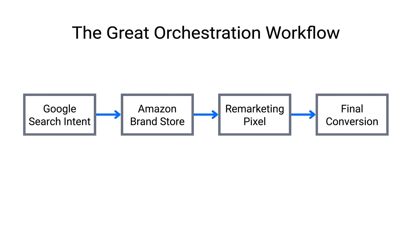 Workflow for orchestrating traffic between Google Search and Amazon stores.