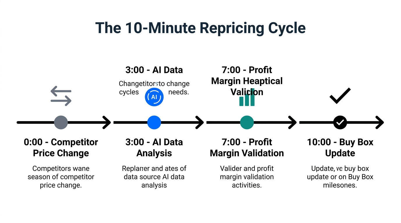 Timeline of the 10-minute AI repricing loop to secure the Buy Box.