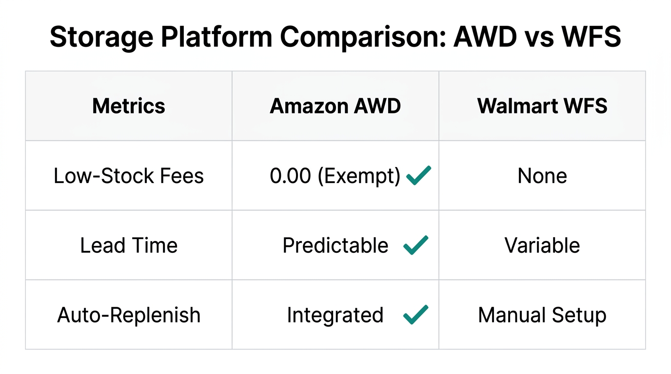 Comparison table of Amazon AWD and Walmart WFS inventory features.