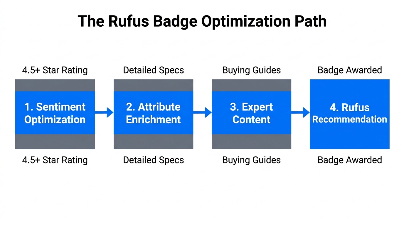 A four-step workflow for earning the Amazon Rufus recommendation badge.
