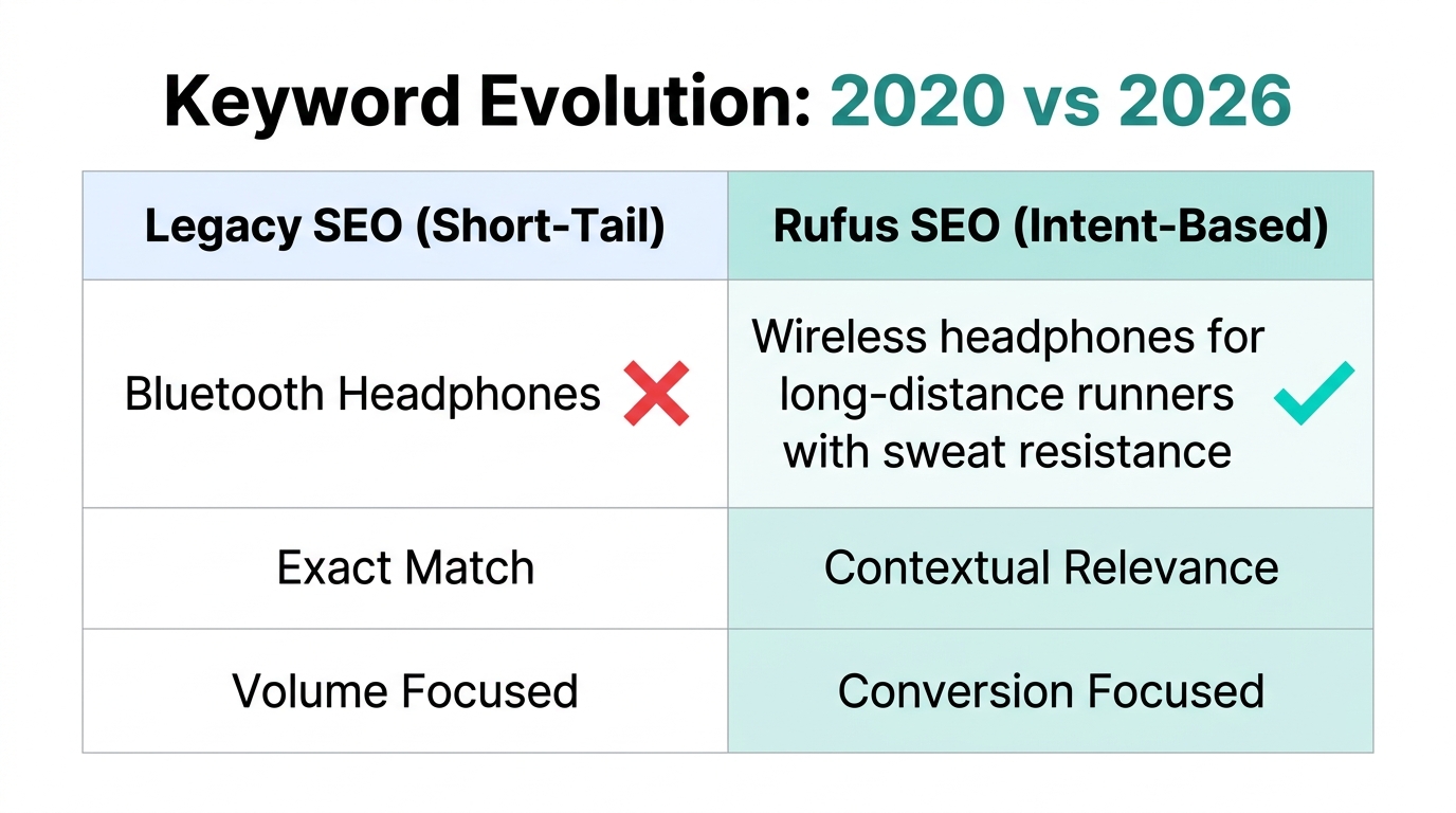 Comparison of legacy keyword targeting versus modern Rufus intent-based clustering.