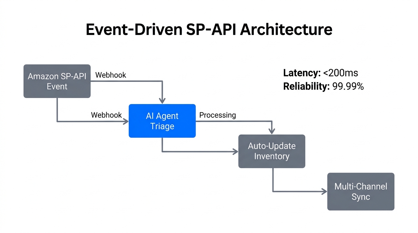 Workflow for real-time inventory synchronization using event-driven SP-API triggers.