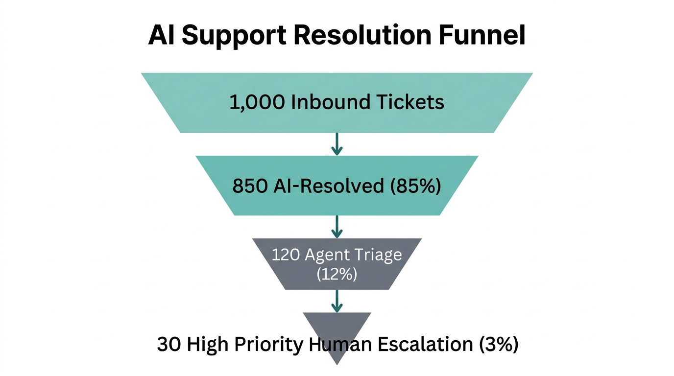 Automated ticket filtering process from initial inquiry to human resolution.