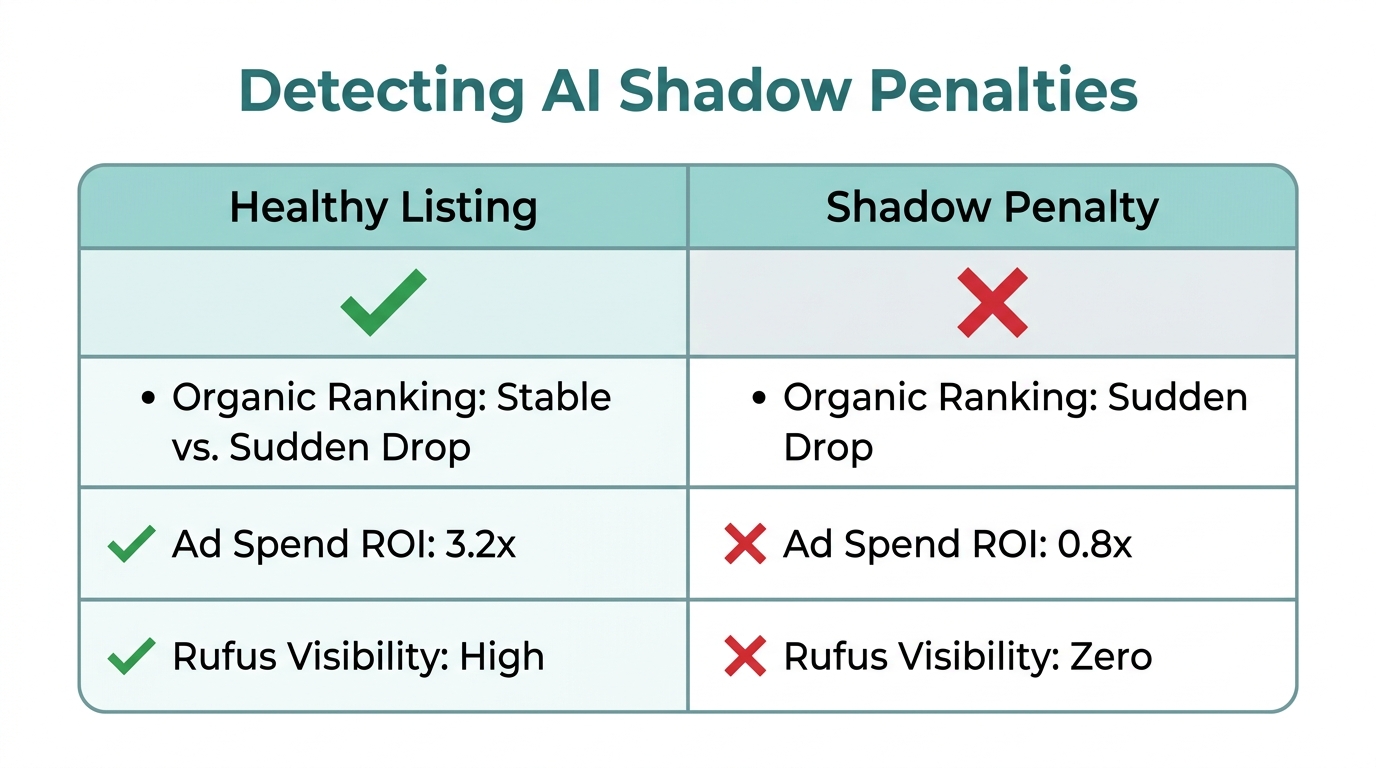 Comparison of metrics for healthy versus shadow-penalized Amazon listings