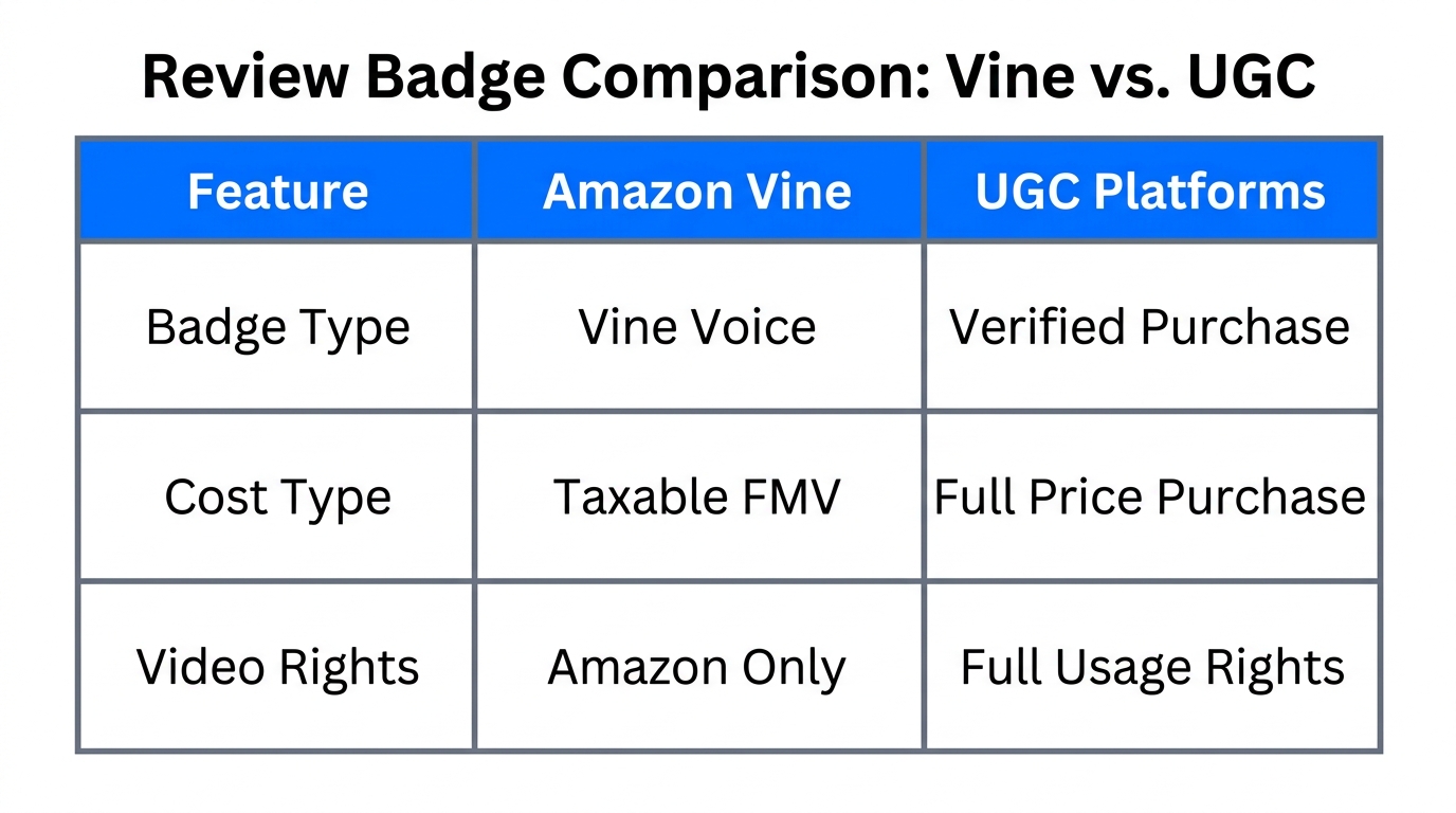 Comparison of review badges and usage rights for 2026.