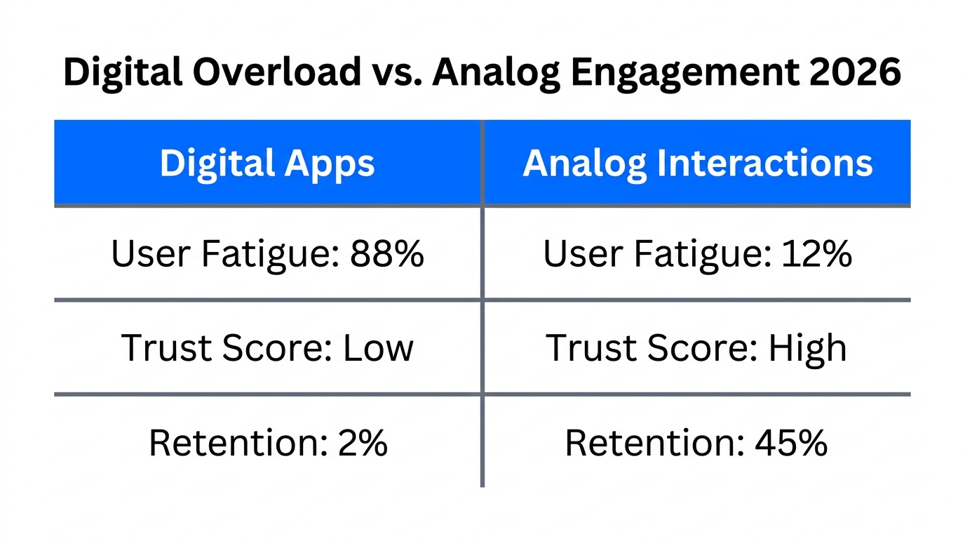 Comparison of user engagement metrics between digital and analog channels.