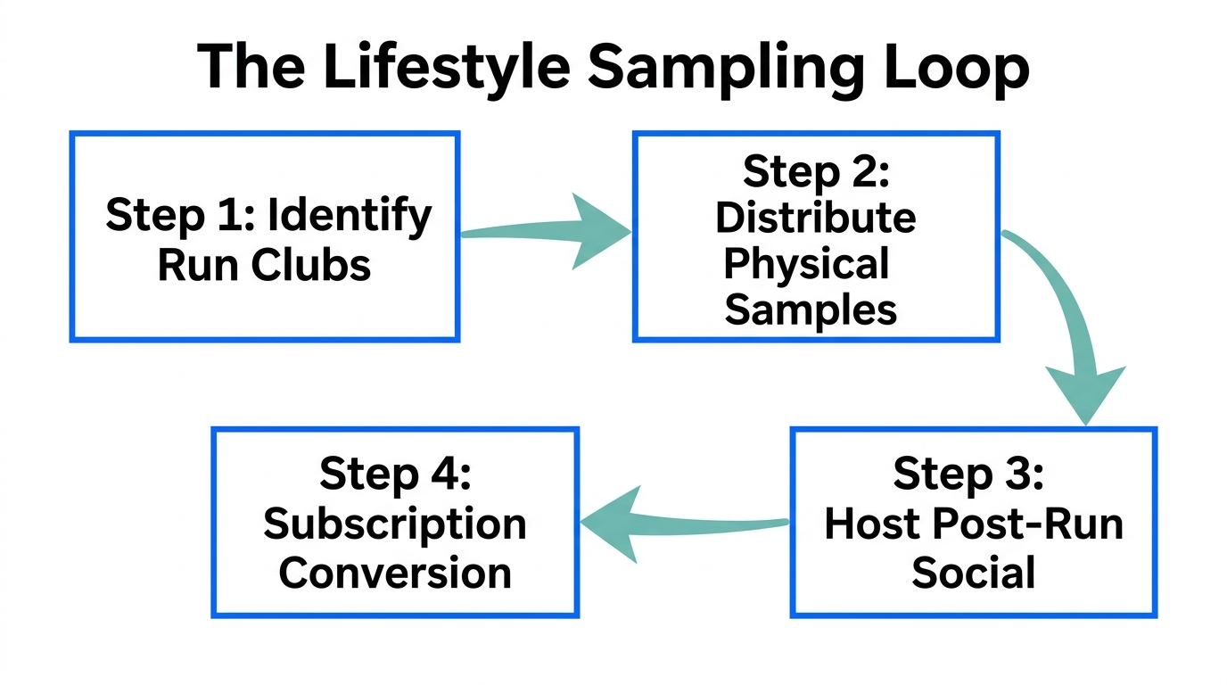 Process flow for lifestyle-based product sampling and community conversion.