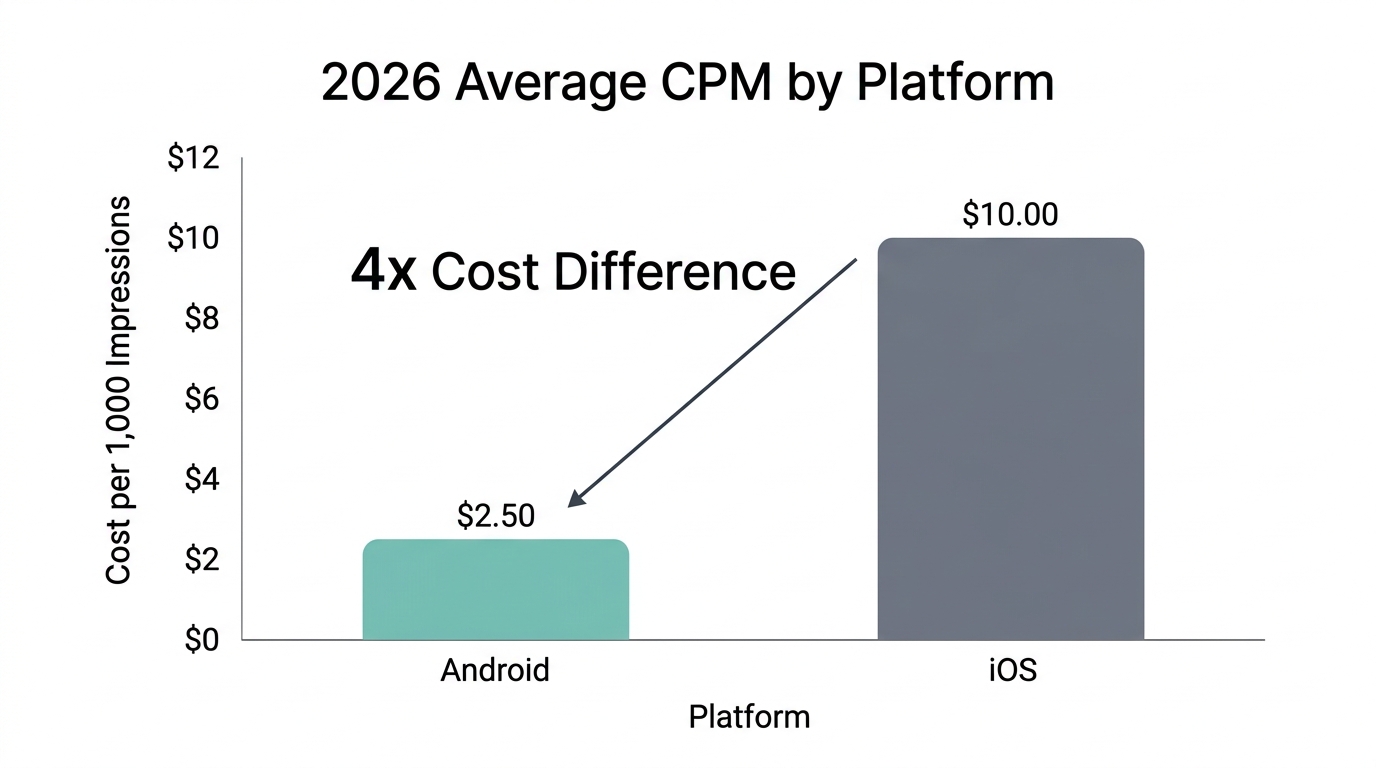 A comparison showing Android's significant cost advantage in advertising for 2026.