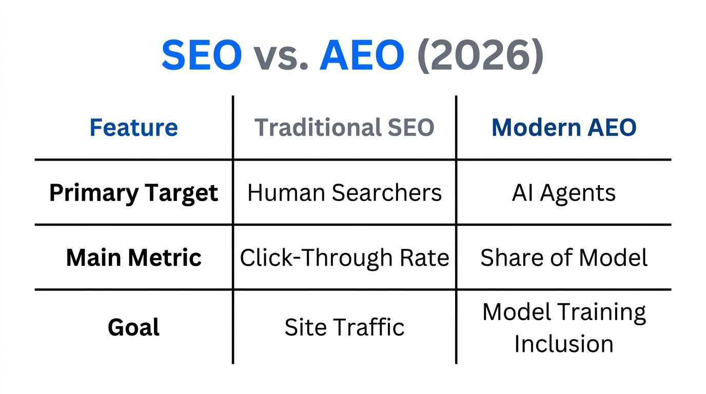 Comparison of traditional search optimization versus 2026 answer engine strategies.
