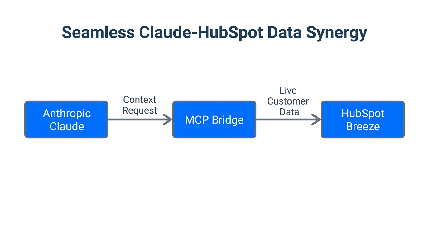 Workflow diagram showing real-time data exchange between Claude and HubSpot.