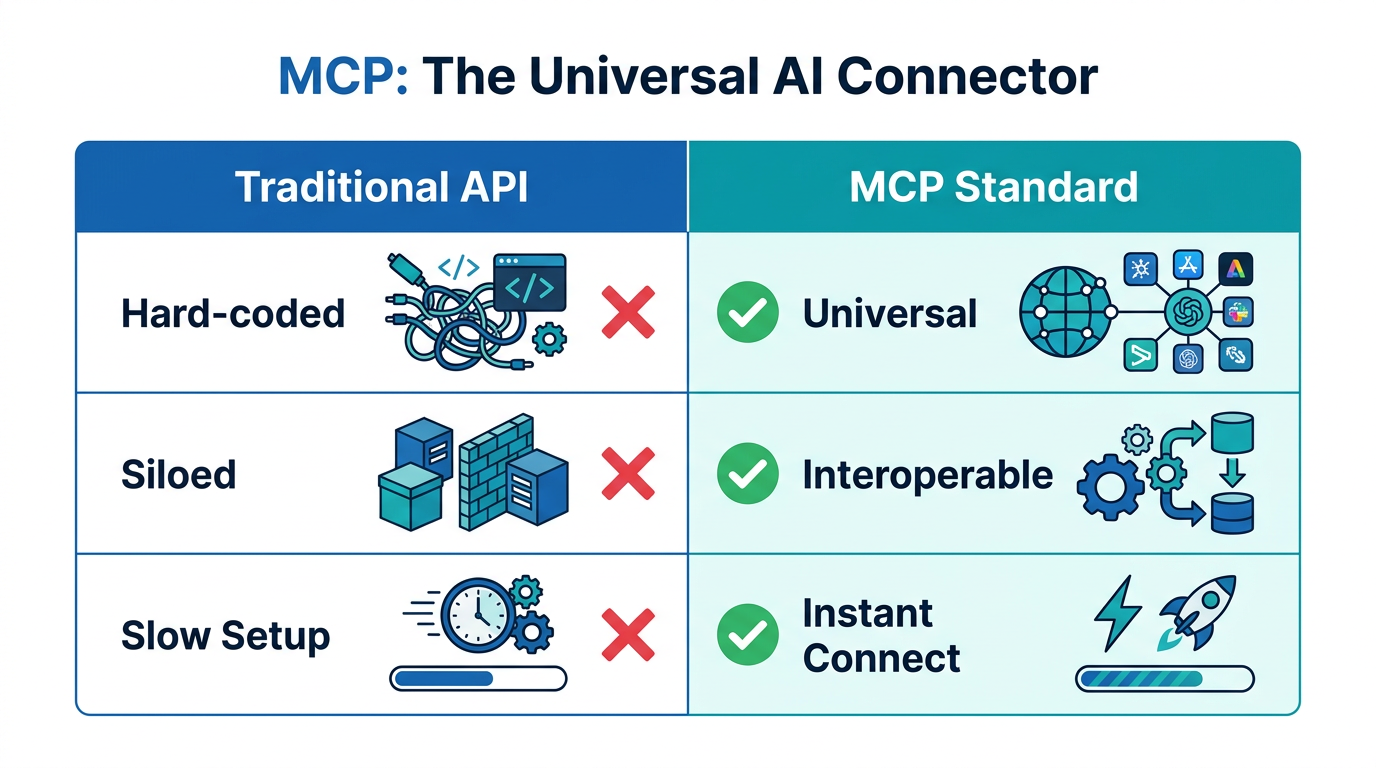 Comparison of traditional integration methods versus the universal MCP standard.