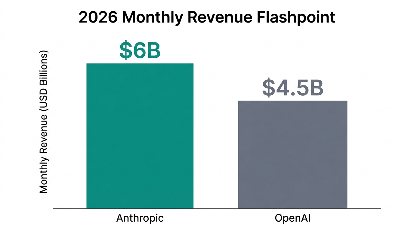 Monthly revenue comparison showing Anthropic leading OpenAI by $1.5 billion.