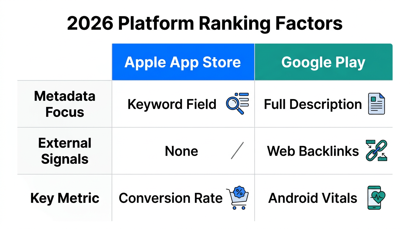 Core differences in ranking signals between iOS and Google Play.