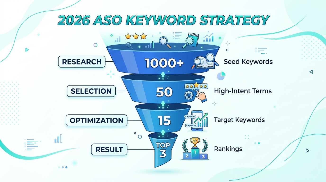 A strategic workflow for filtering high-performance keywords for apps.