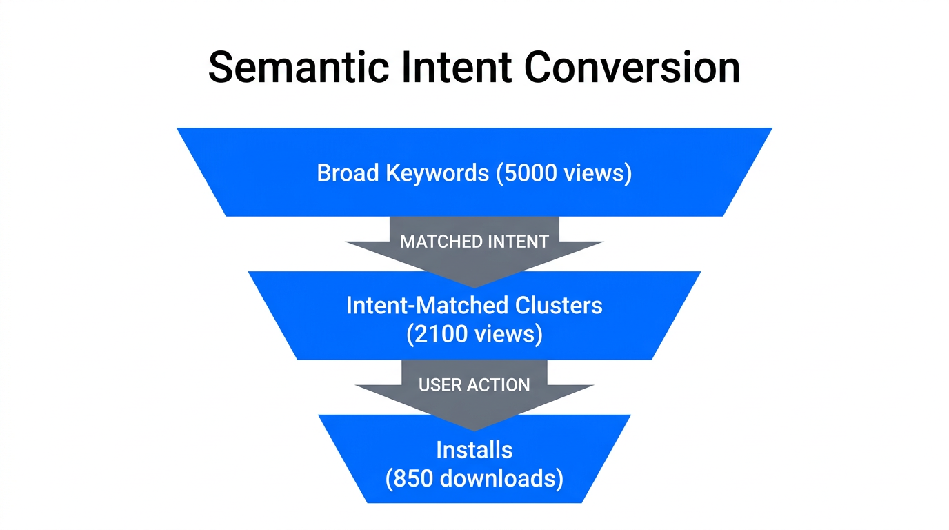 Conversion funnel showing the efficiency of intent-matched discovery over broad keywords.
