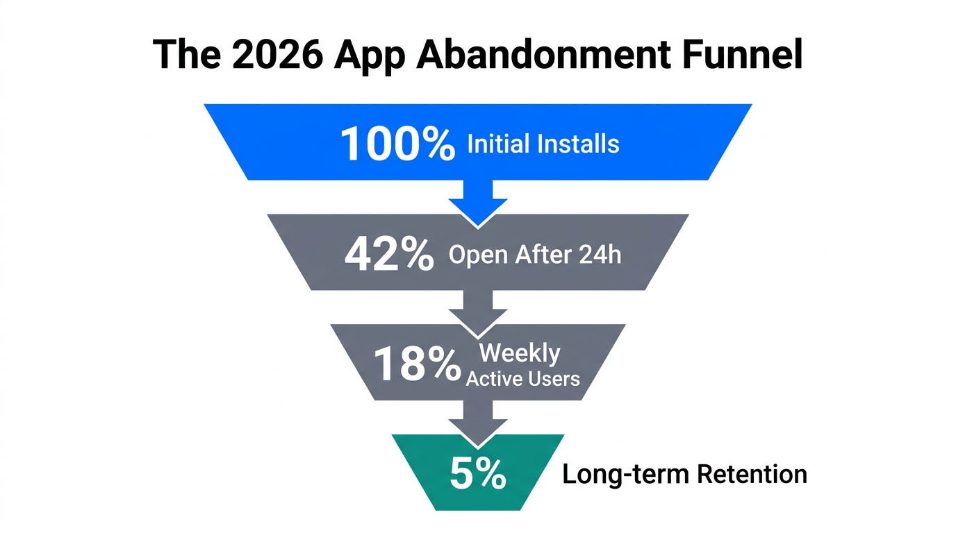 The steep decline in user retention typical of the 2026 market.