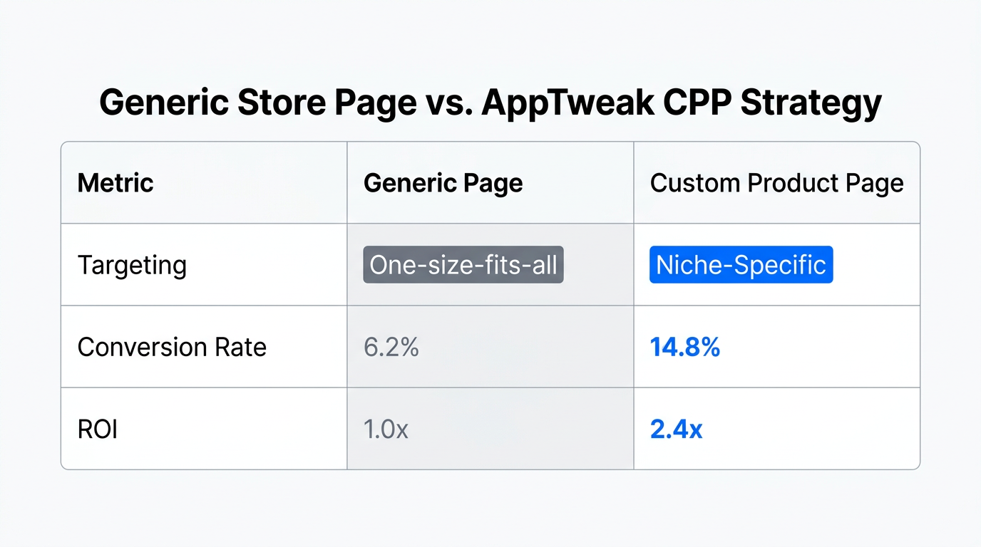 Performance comparison between generic store listings and custom product pages.