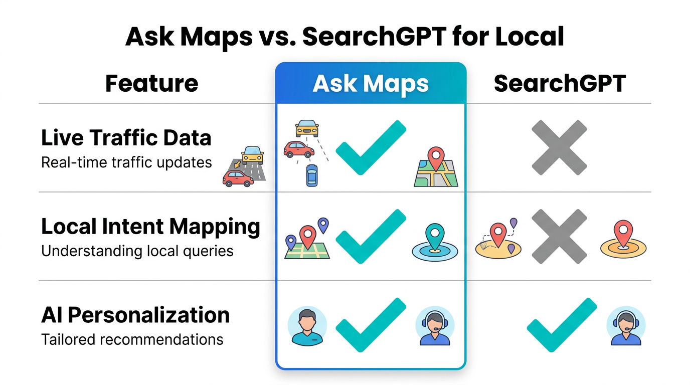 A feature-by-feature comparison showing Ask Maps' dominance in local context.
