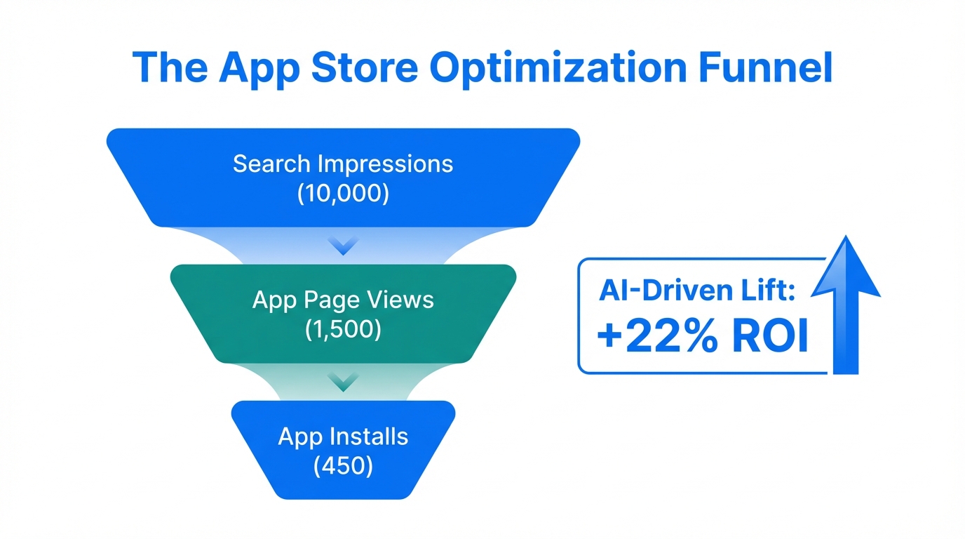 App store install funnel illustrating potential growth through AI-driven testing.