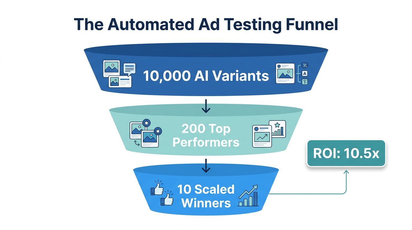 Funnel visualization of the automated ad testing and scaling process.