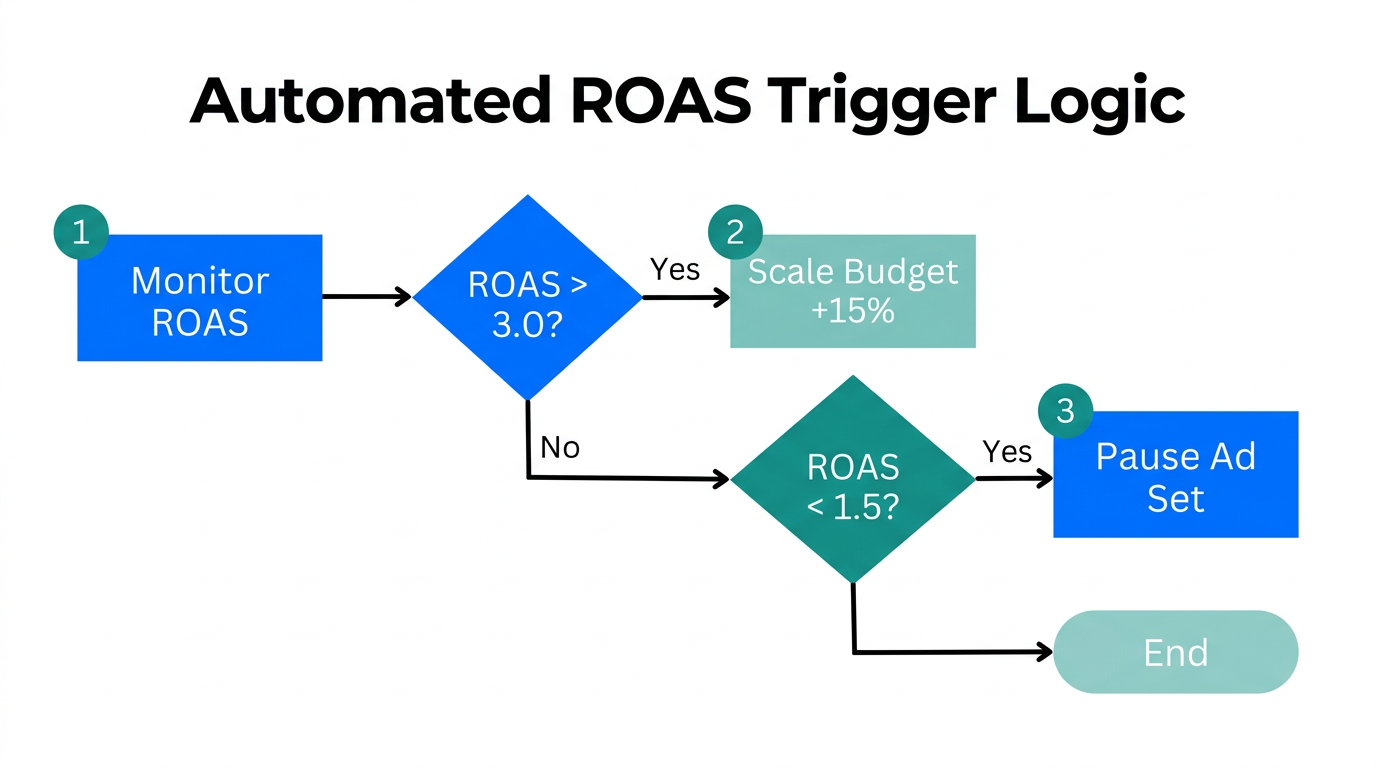 Automated decision tree for scaling or pausing ad sets based on ROAS.