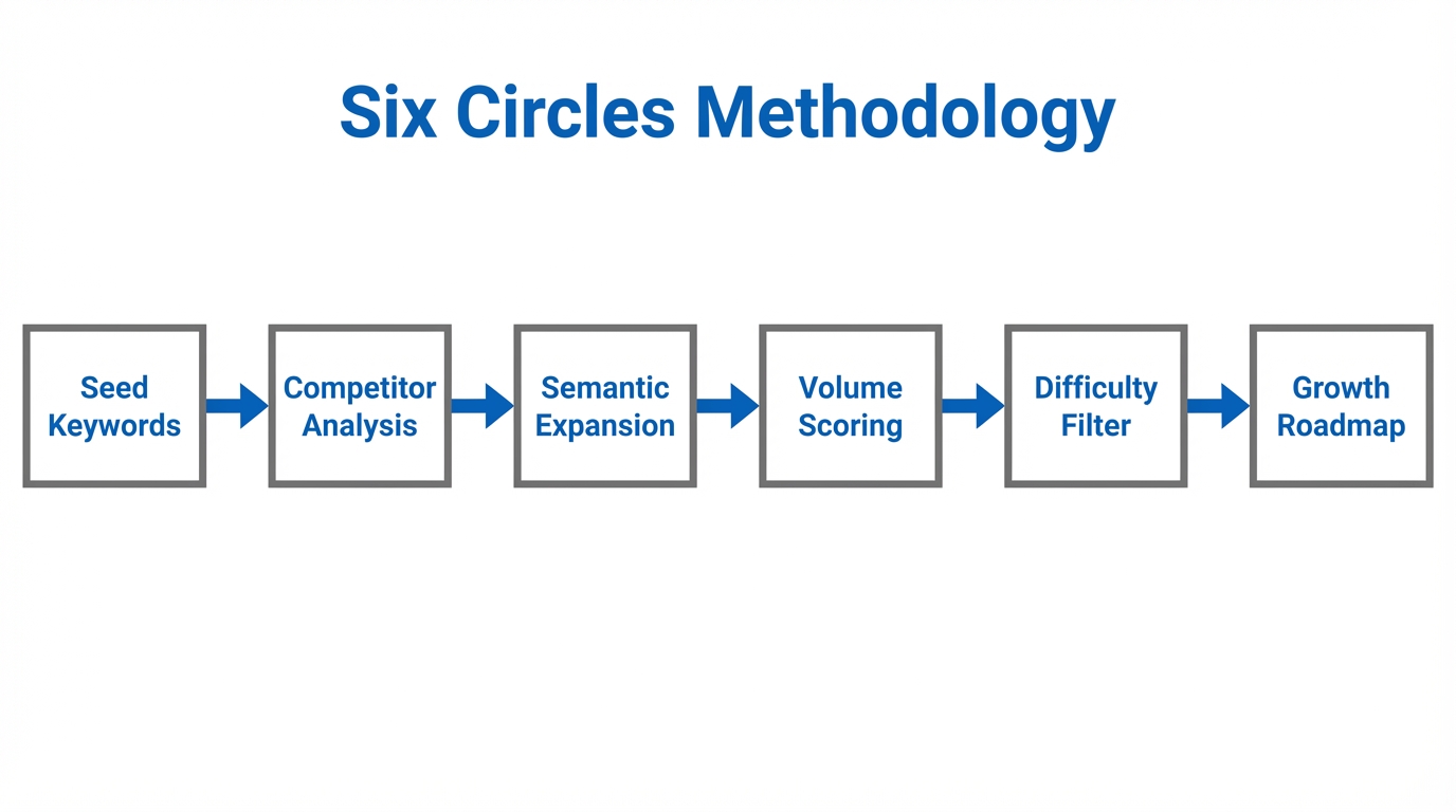 The systematic six-step flow for generating app store keyword roadmaps.