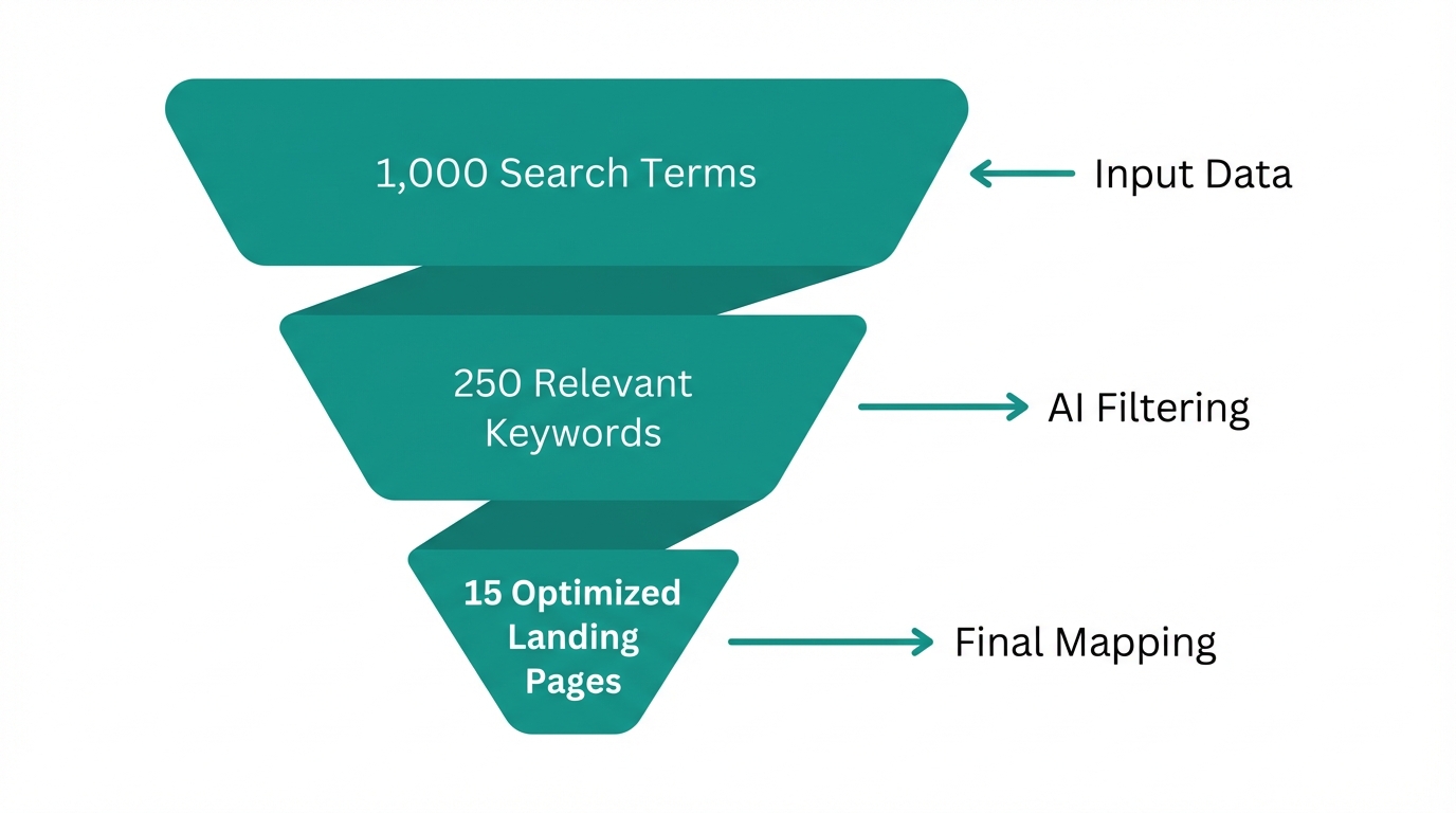 Data funnel illustrating the transition from raw search terms to optimized pages.