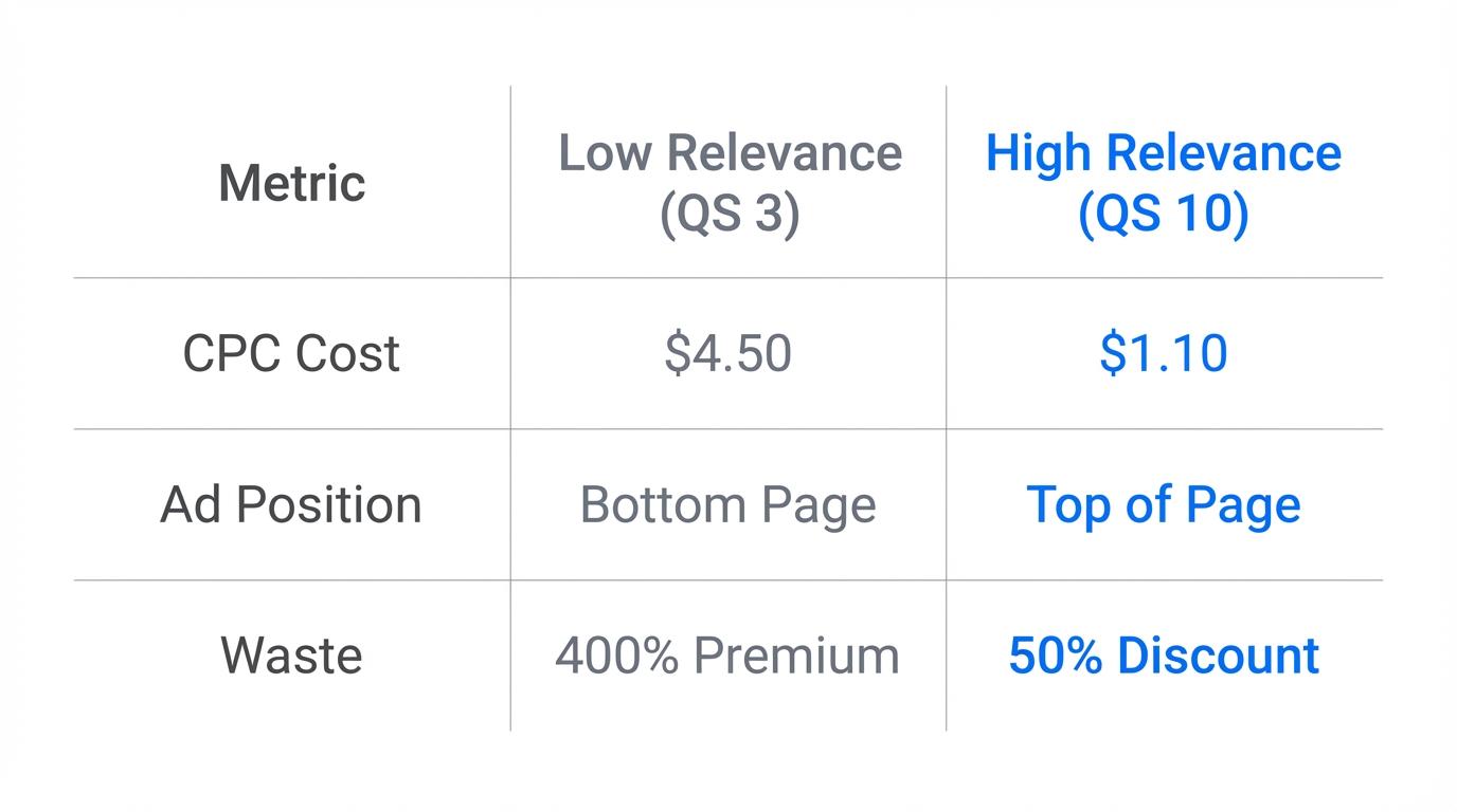 Comparison of advertising costs and positioning based on ad relevance scores.