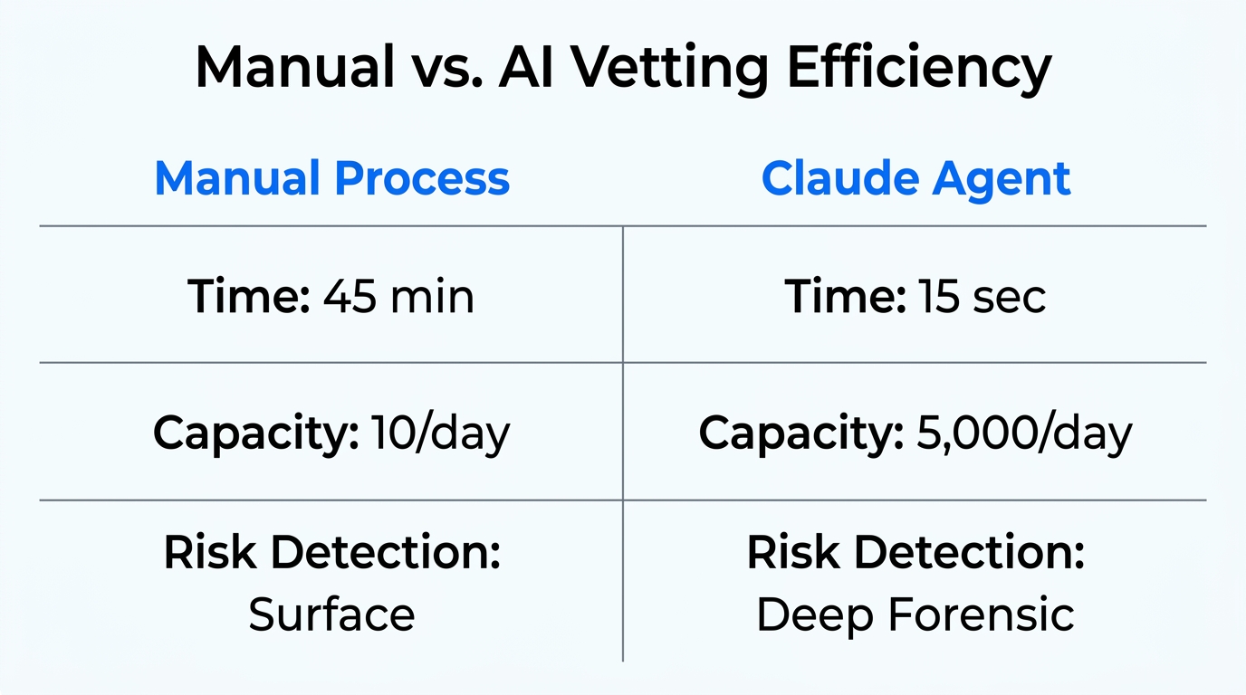 Efficiency metrics comparing manual human vetting versus Claude AI automation.