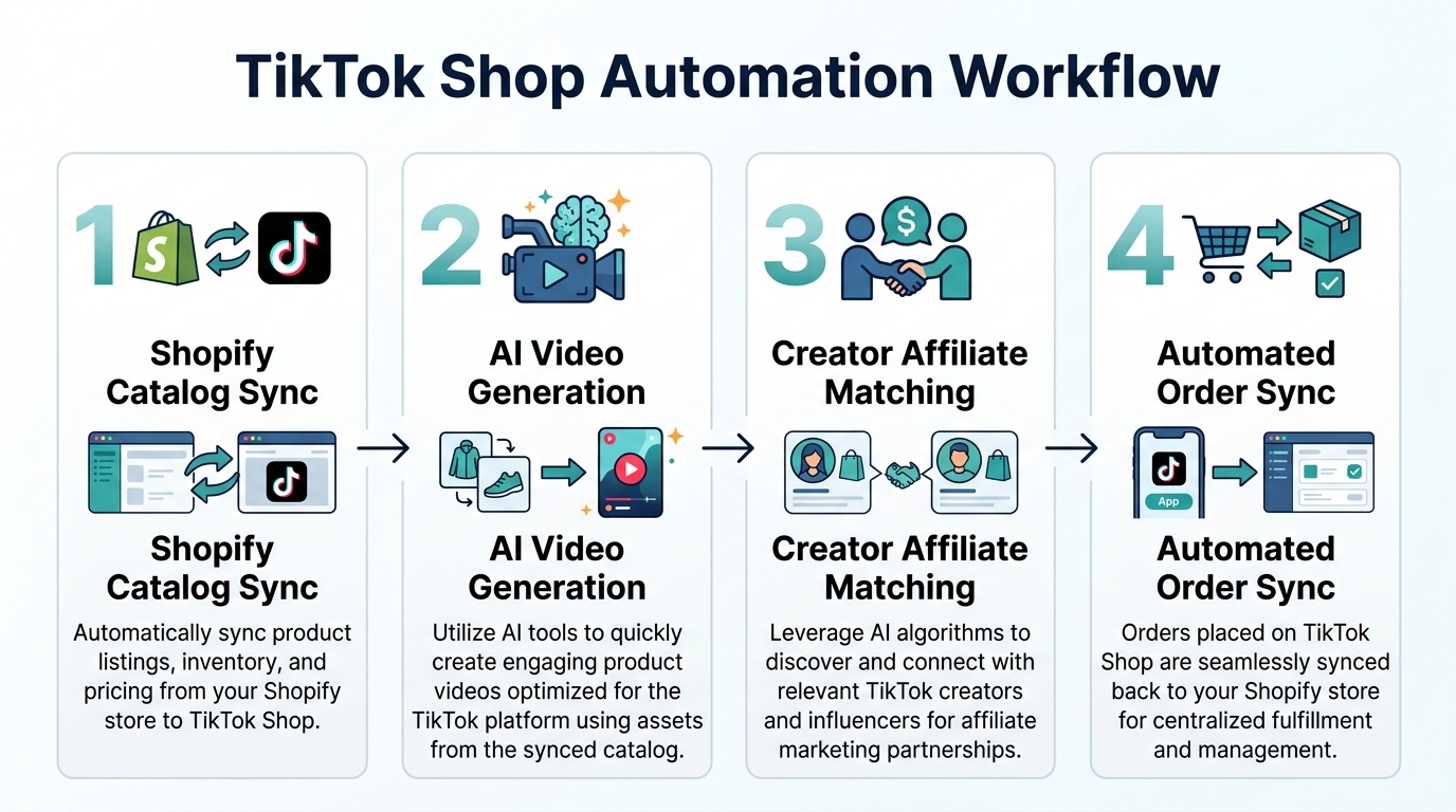 Four-step workflow for automating TikTok Shop sales via AI.