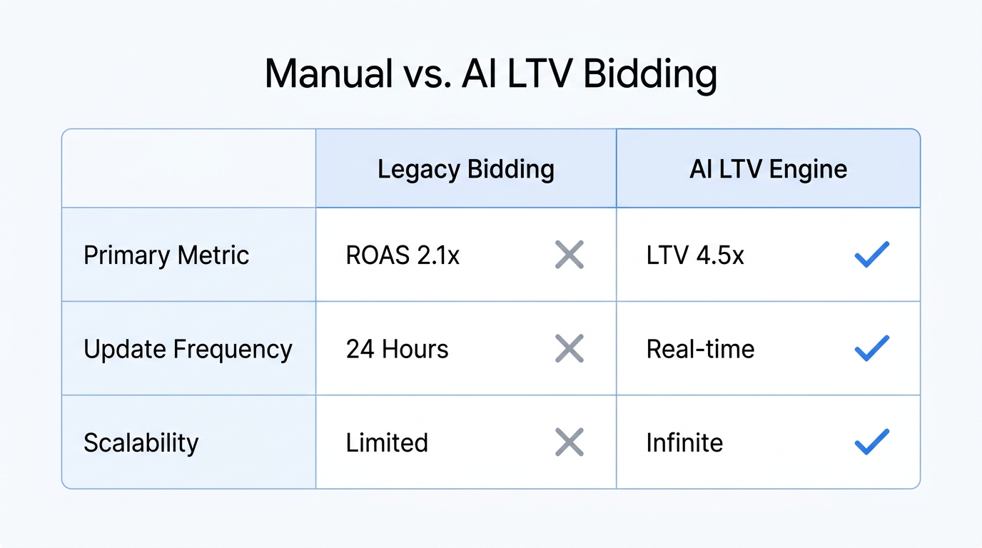 Comparison of traditional bidding methods versus AI-driven LTV optimization.