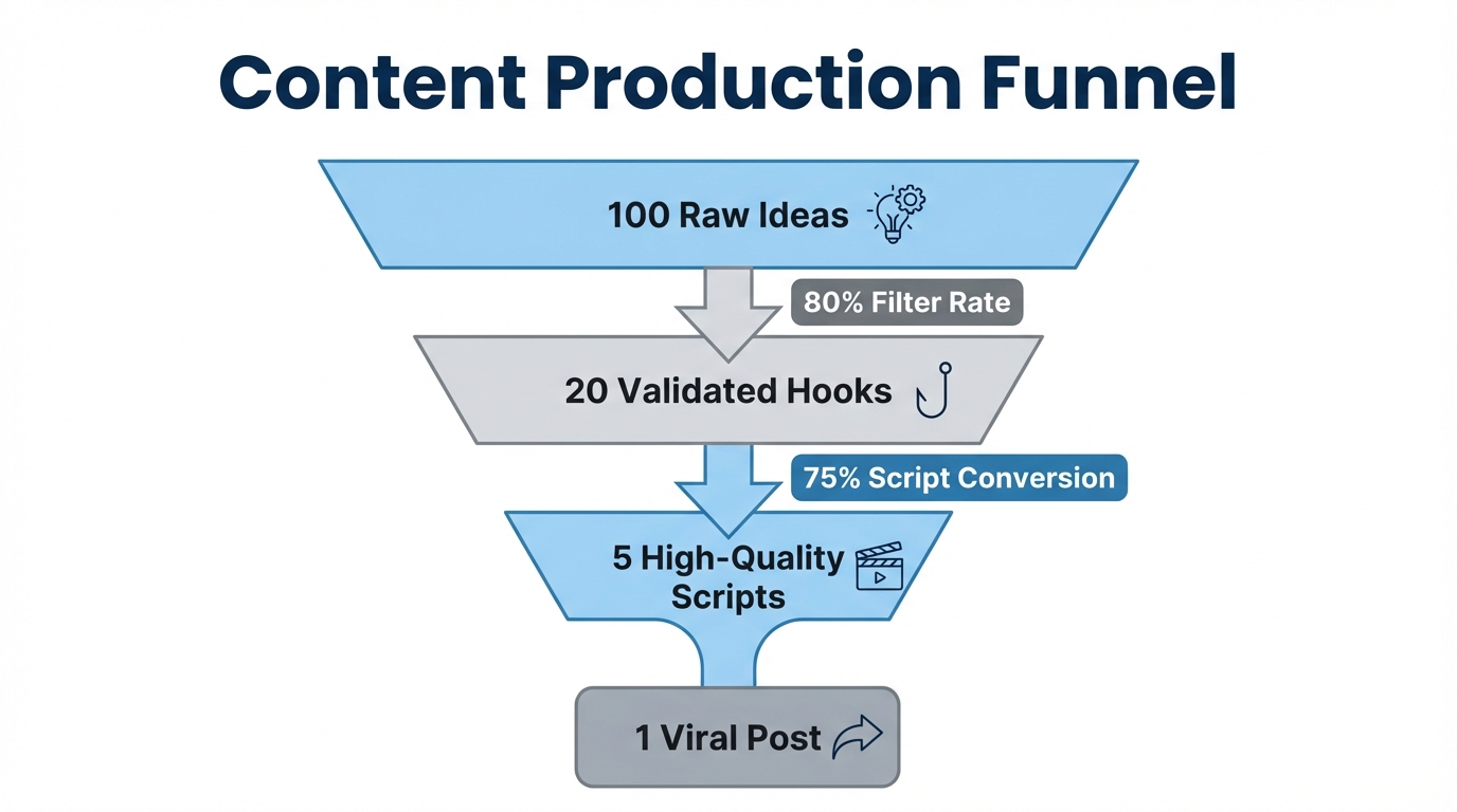 Content conversion funnel from raw ideas to final scripts.