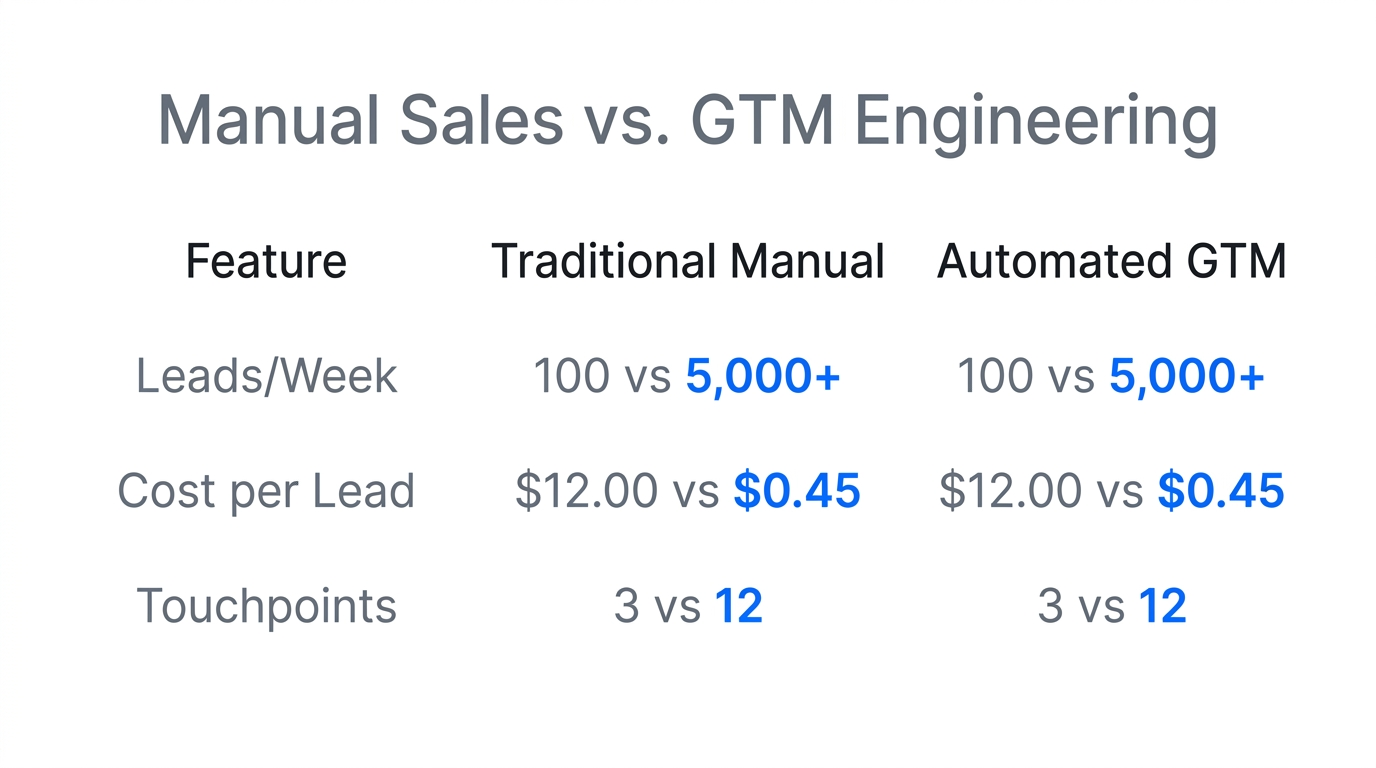 Efficiency comparison between manual outreach and automated GTM engineering.