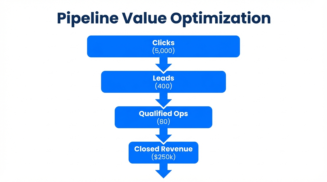 Marketing funnel visualizing the transition from ad clicks to revenue.
