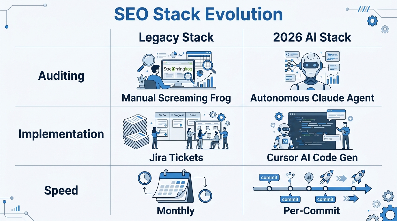 Comparison between legacy SEO processes and the 2026 AI-native stack.