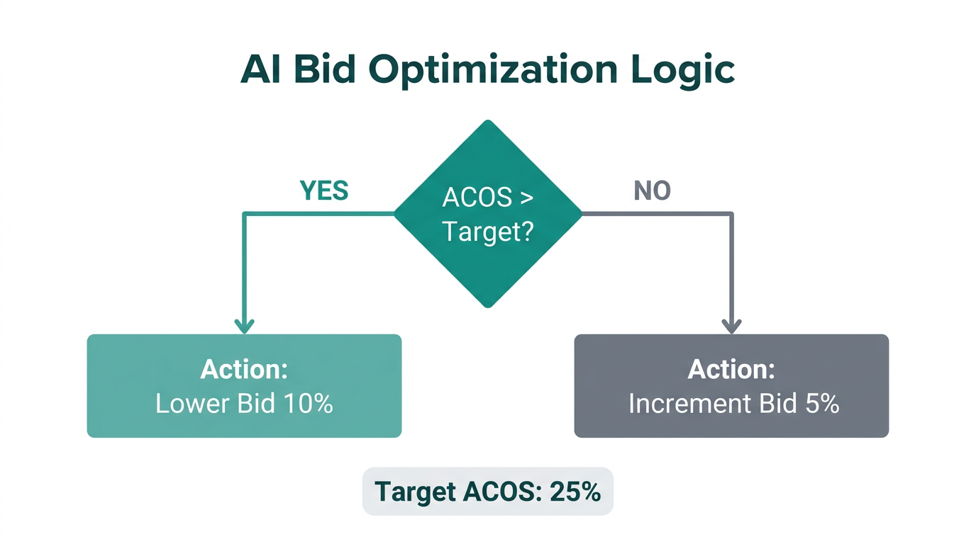 Decision logic for automated bid adjustments based on performance targets.