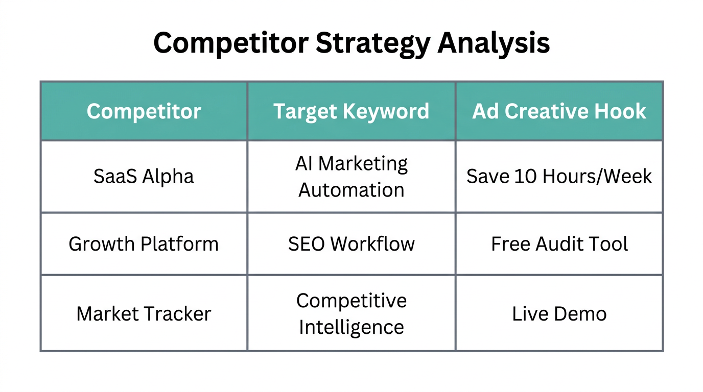 Comparative analysis of competitor SEO targets and advertising hooks.