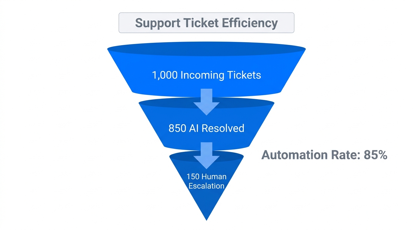 Efficiency funnel showing AI ticket resolution versus human intervention.