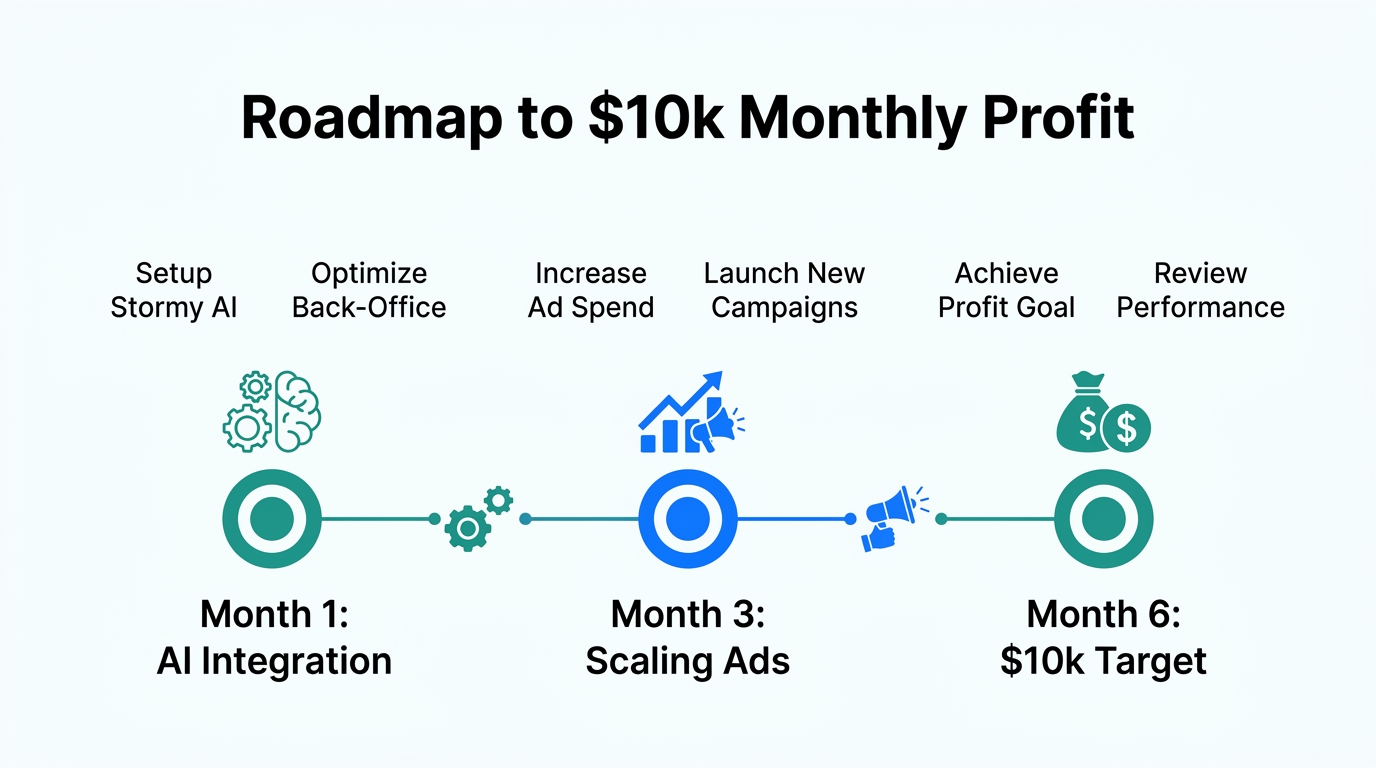 Six-month growth timeline for ecommerce scaling with AI.