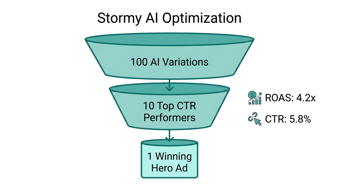 The funnel process of filtering 100 variations into one winning ad.
